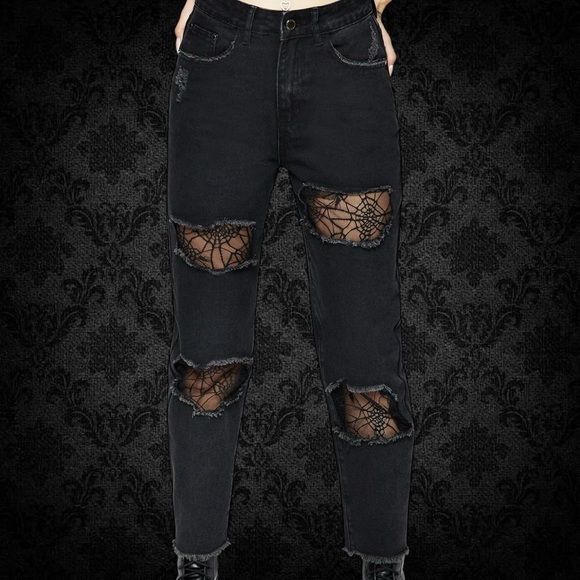 Disturbia Black Ripped Boyfriend Jeans with Lace - Picture 1 of 6